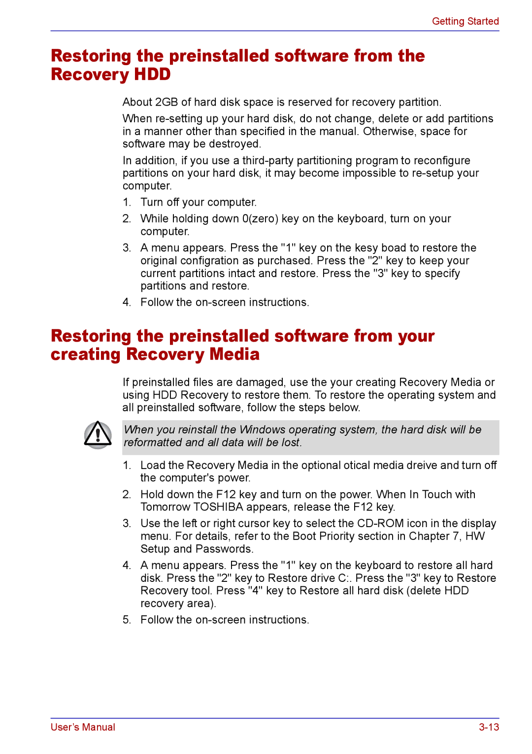 Toshiba TECRA A2 manual Restoring the preinstalled software from the Recovery HDD 