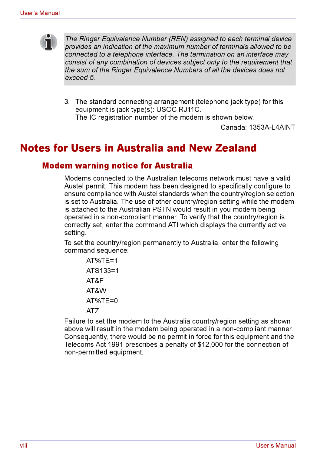 Toshiba TECRA A2 manual Modem warning notice for Australia, AT&F AT&W AT%TE=0 ATZ 