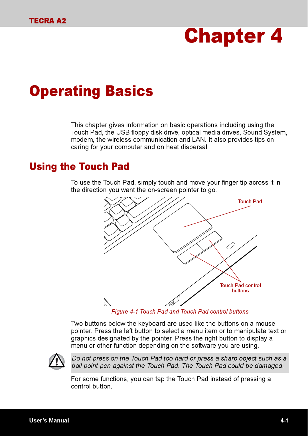 Toshiba TECRA A2 manual Operating Basics, Using the Touch Pad 