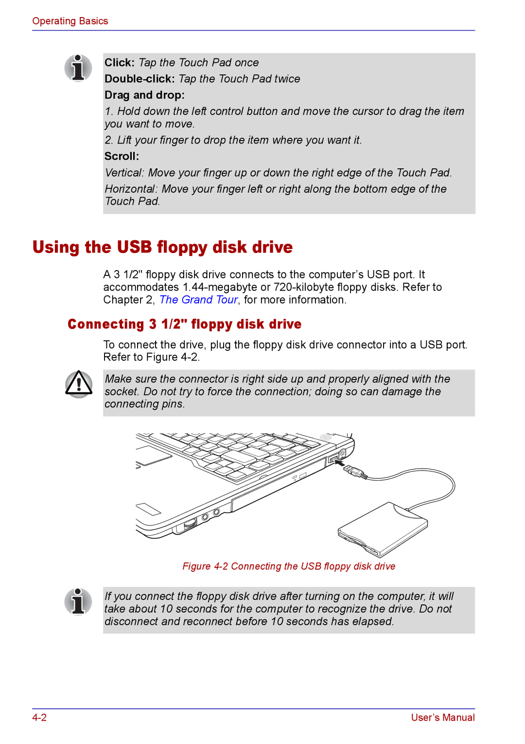 Toshiba TECRA A2 manual Using the USB floppy disk drive, Connecting 3 1/2 floppy disk drive, Drag and drop, Scroll 