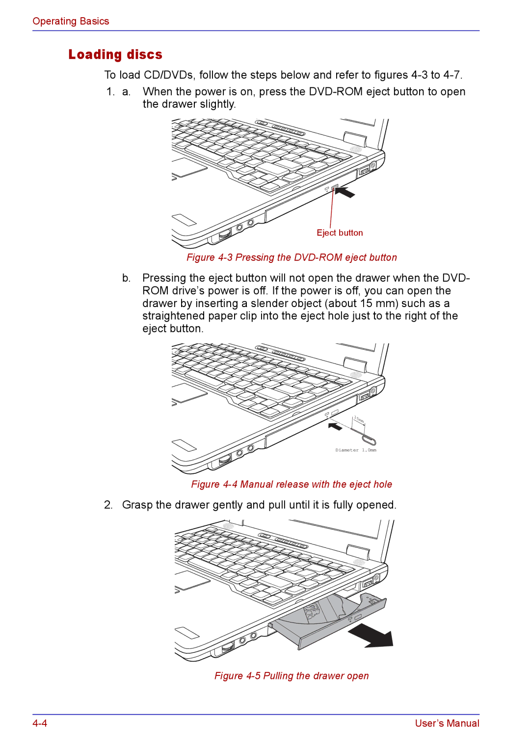 Toshiba TECRA A2 manual Loading discs, Pressing the DVD-ROM eject button 