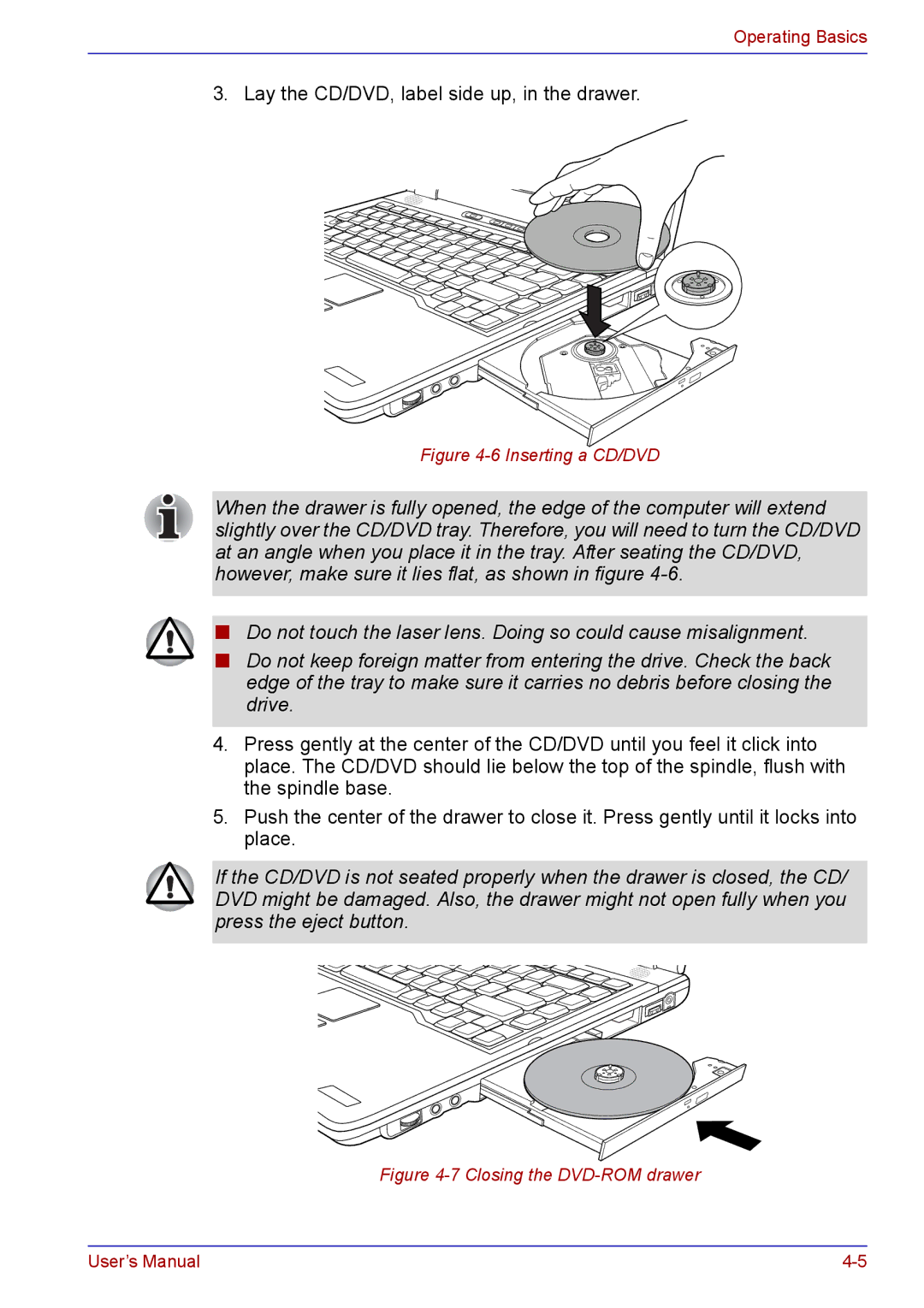 Toshiba TECRA A2 manual Lay the CD/DVD, label side up, in the drawer 