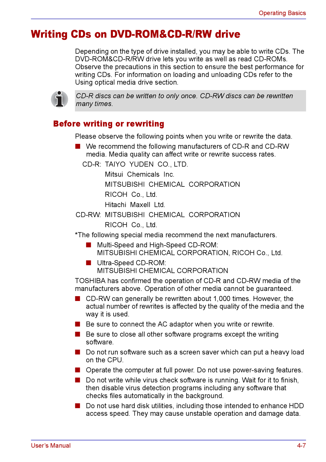 Toshiba TECRA A2 manual Writing CDs on DVD-ROM&CD-R/RW drive, Before writing or rewriting 