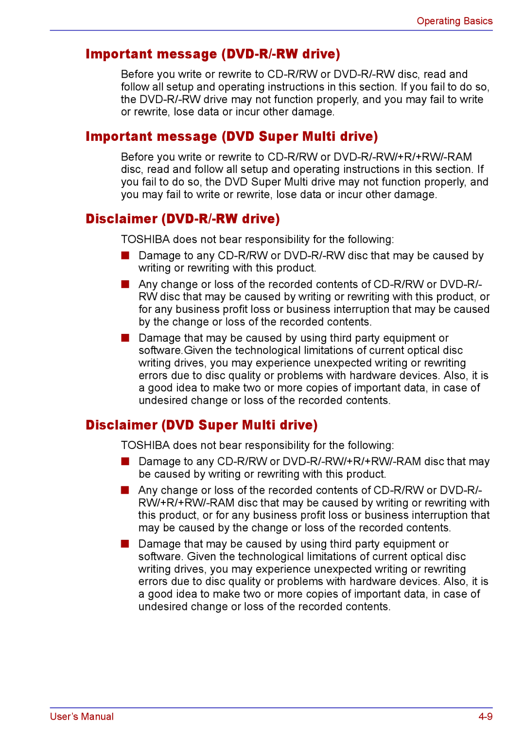 Toshiba TECRA A2 Important message DVD-R/-RW drive, Important message DVD Super Multi drive, Disclaimer DVD-R/-RW drive 