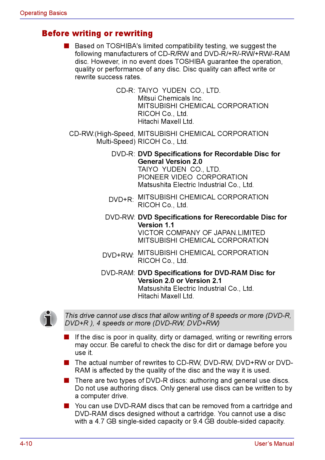 Toshiba TECRA A2 manual Before writing or rewriting, DVD-RWDVD Specifications for Rerecordable Disc for Version 