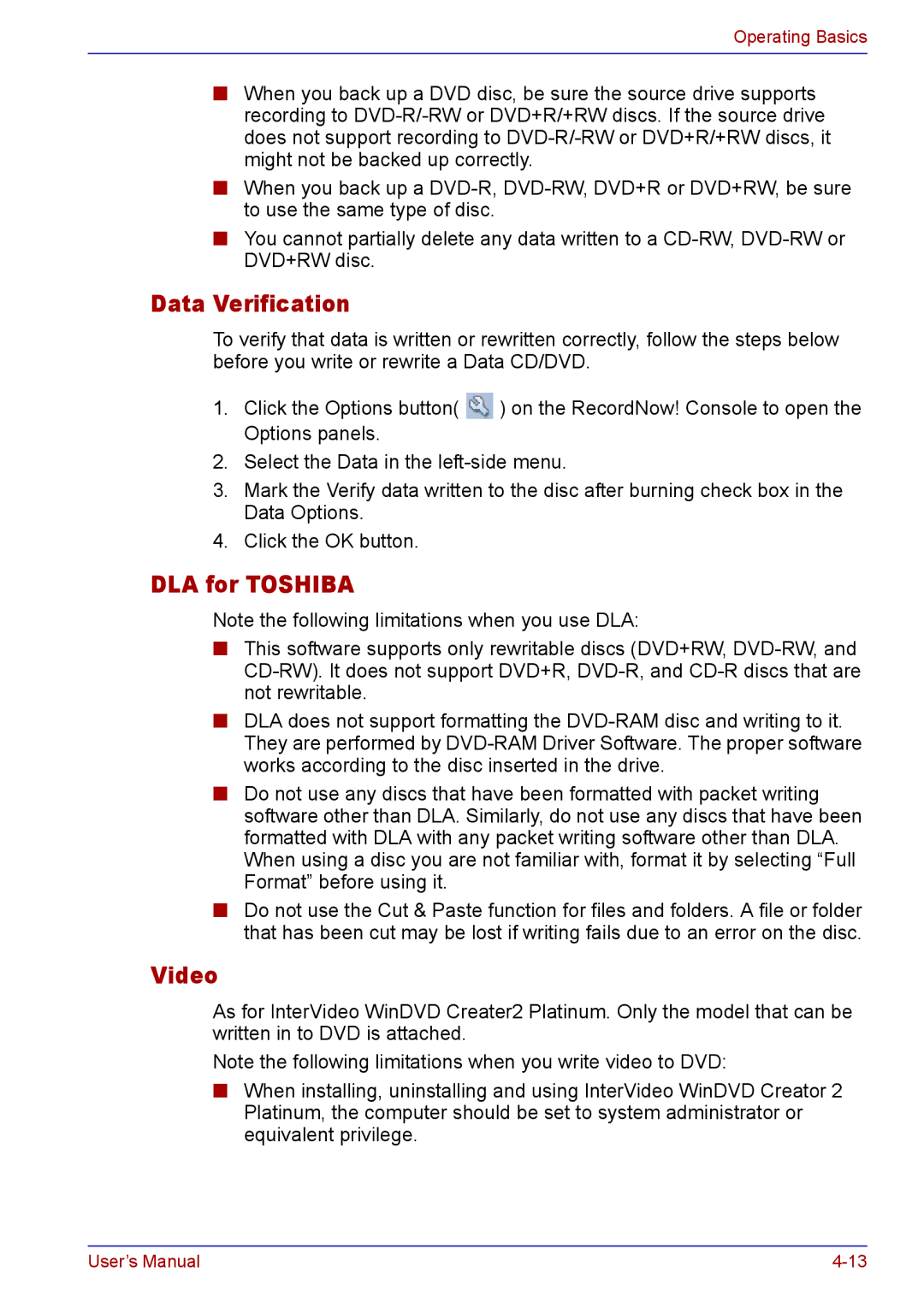 Toshiba TECRA A2 manual Data Verification, DLA for Toshiba, Video 