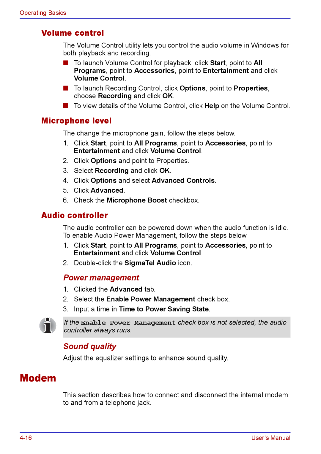 Toshiba TECRA A2 manual Modem, Volume control, Microphone level, Audio controller 