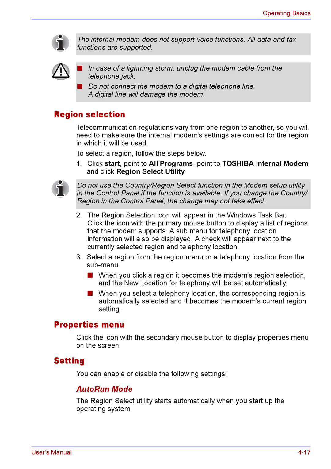 Toshiba TECRA A2 manual Properties menu, Setting 