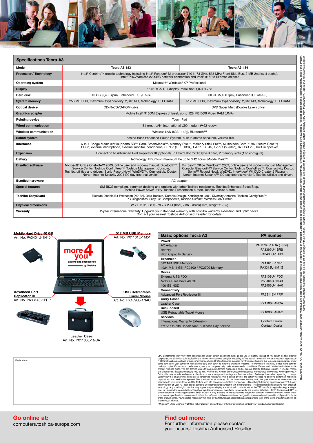 Toshiba manual Specifications Tecra A3, Basic options Tecra A3 PA number 