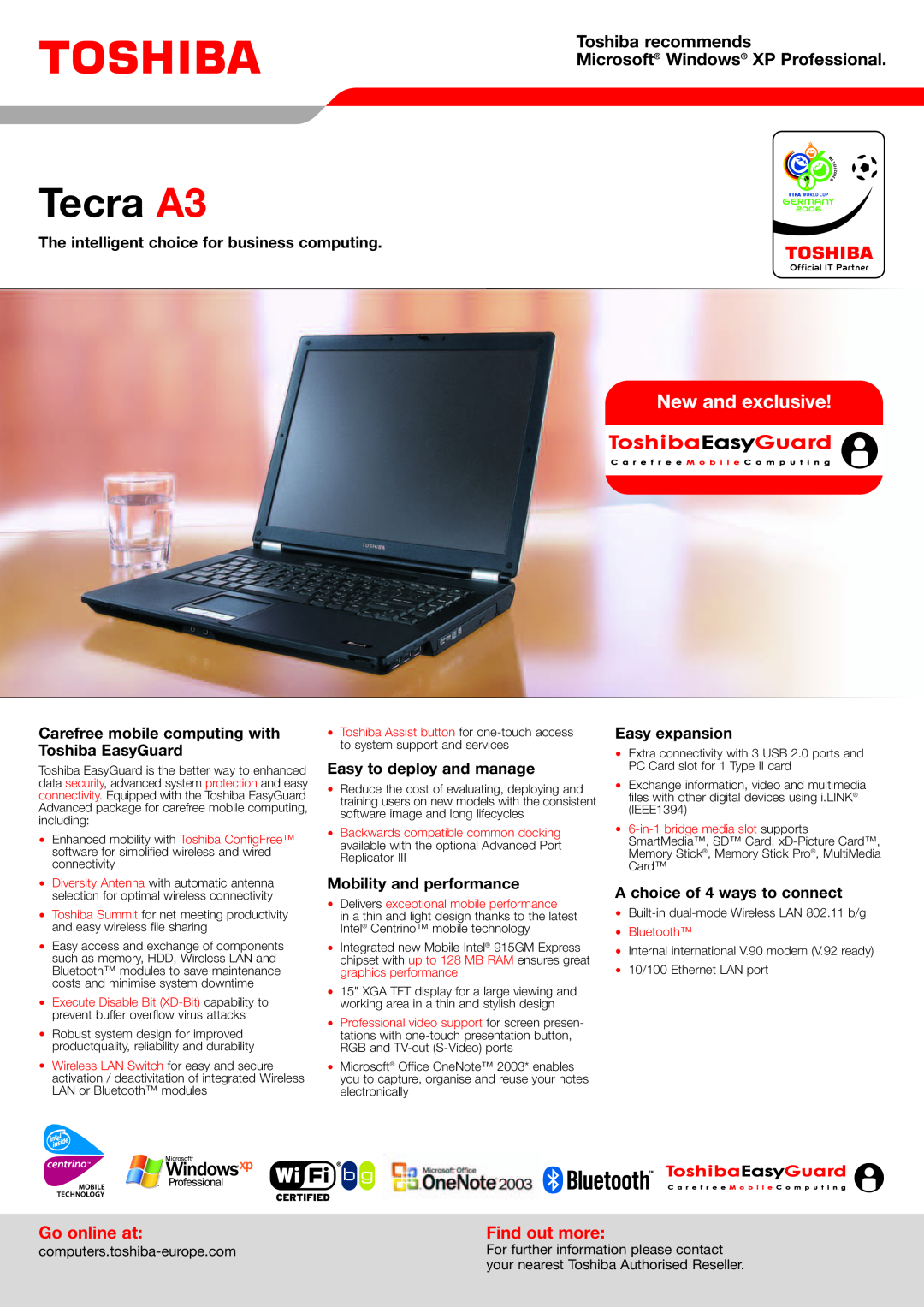 Toshiba Tecra A3 manual Go online at, Find out more, computers.toshiba-europe.com, For further information please contact 
