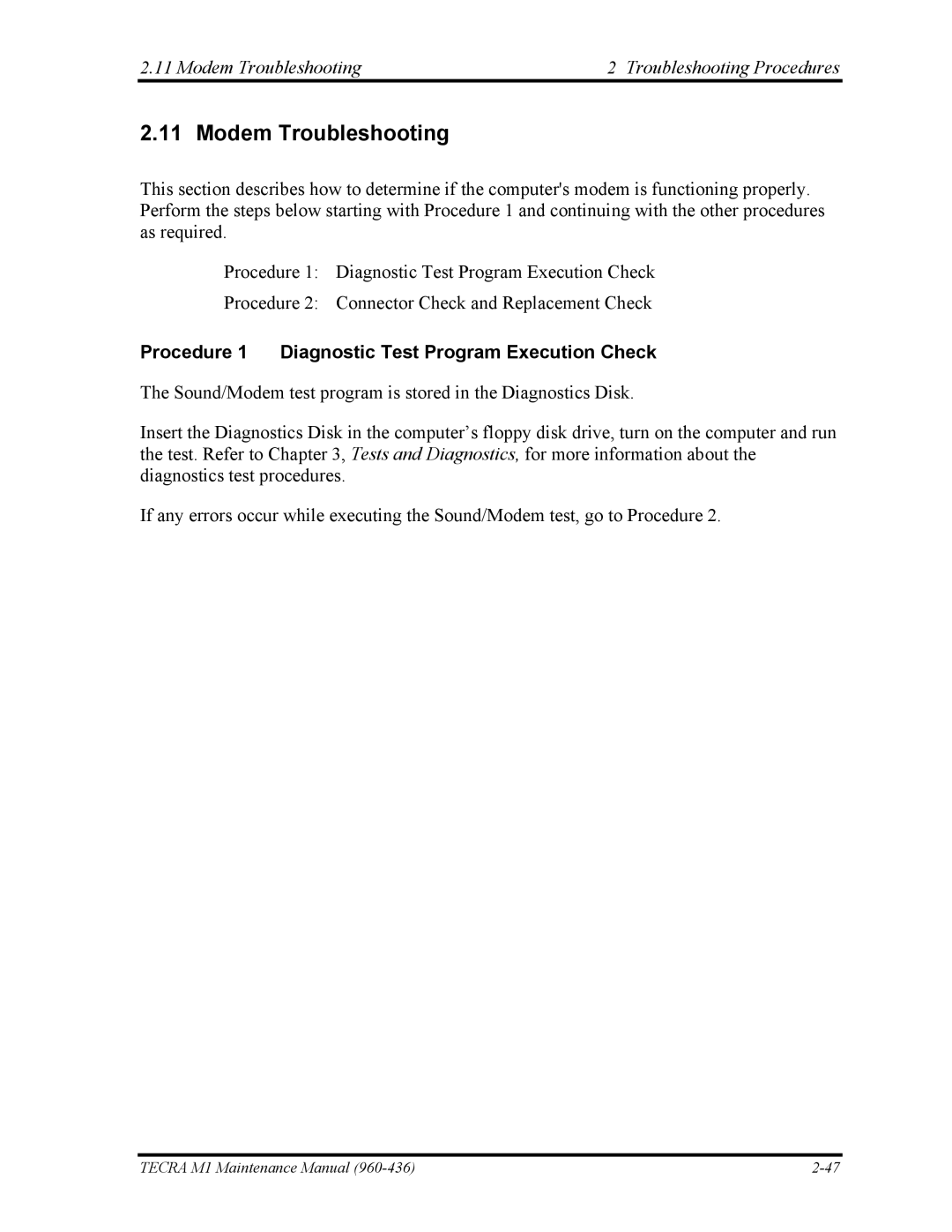 Toshiba tecra m1 manual Modem Troubleshooting Troubleshooting Procedures 