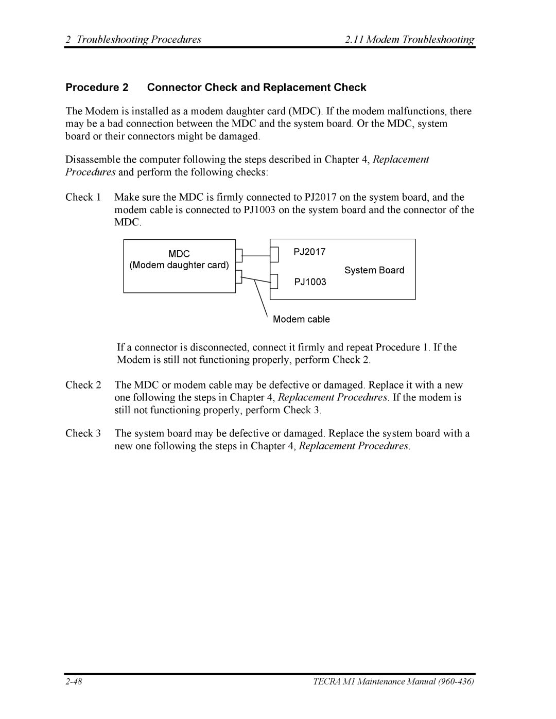 Toshiba tecra m1 manual Troubleshooting Procedures Modem Troubleshooting 