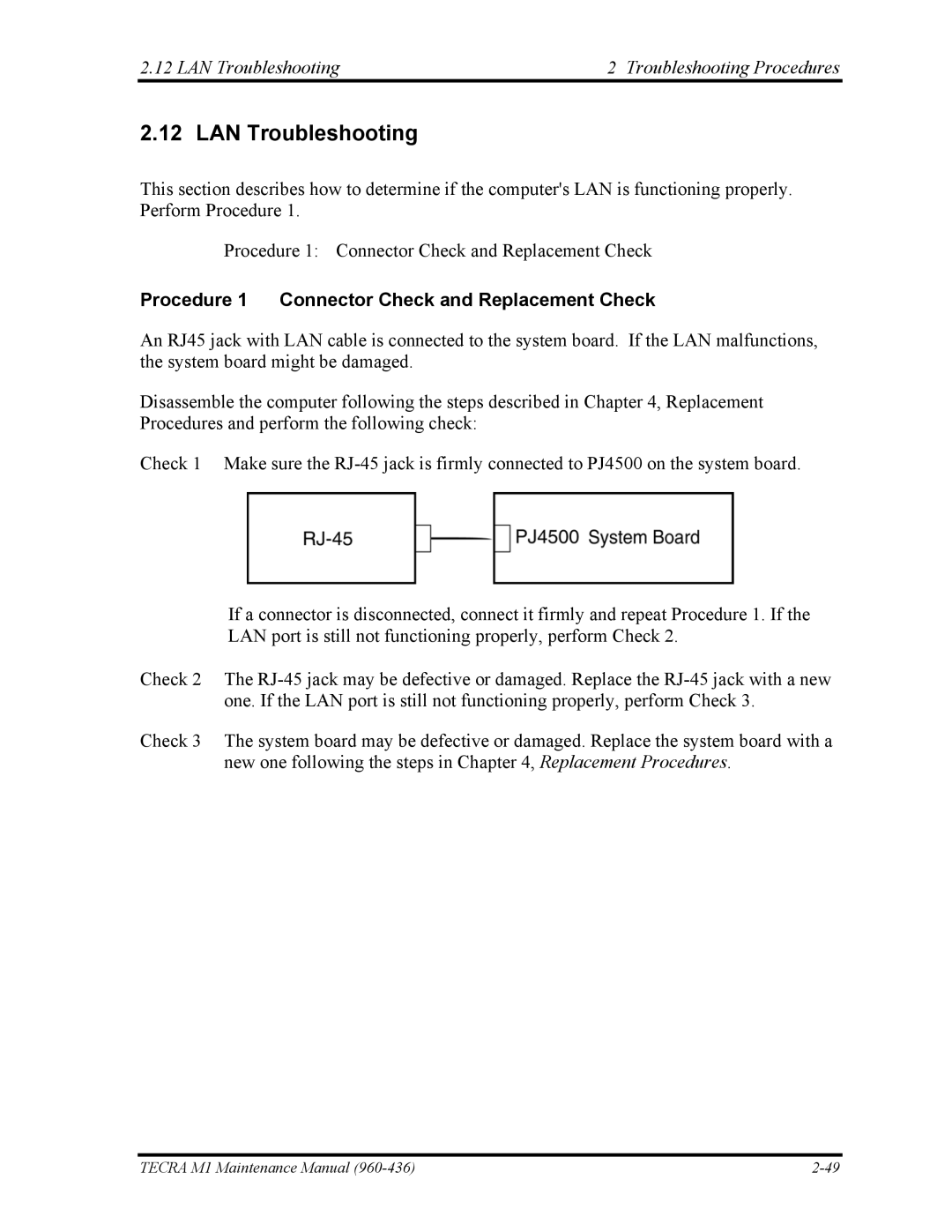Toshiba tecra m1 LAN Troubleshooting Troubleshooting Procedures, Procedure 1 Connector Check and Replacement Check 