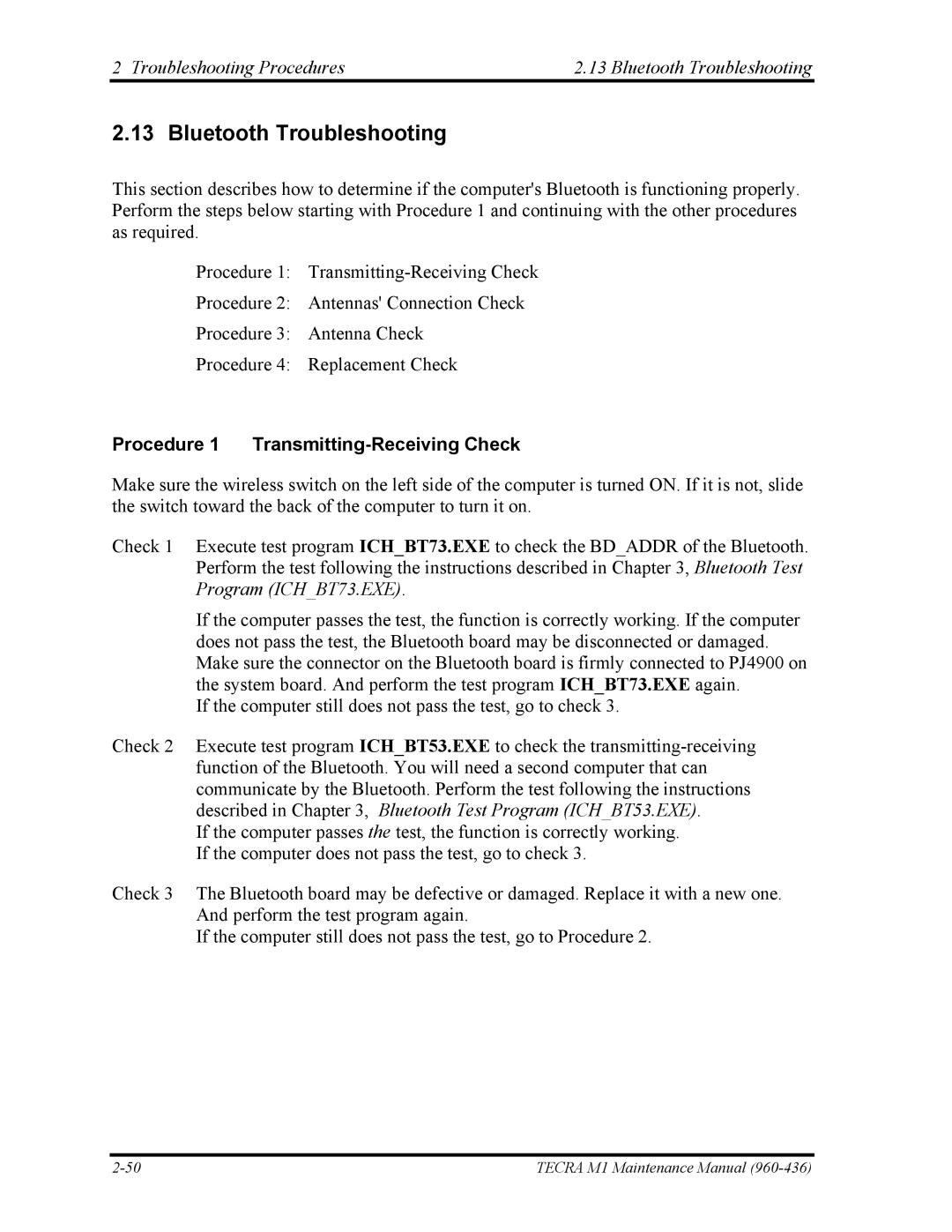 Toshiba tecra m1 manual Troubleshooting Procedures Bluetooth Troubleshooting, Procedure 1 Transmitting-Receiving Check 