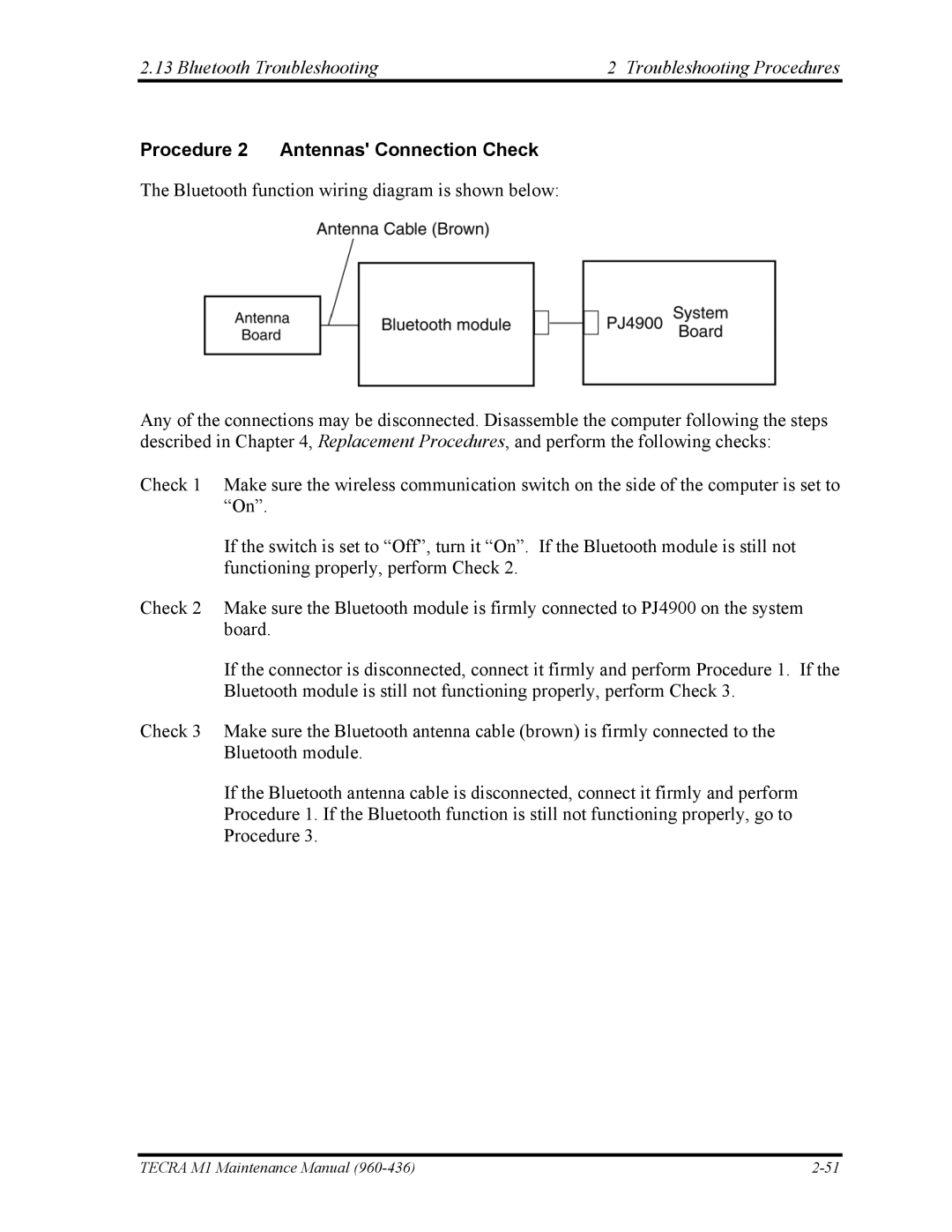 Toshiba tecra m1 manual Bluetooth Troubleshooting Troubleshooting Procedures, Procedure 2 Antennas Connection Check 