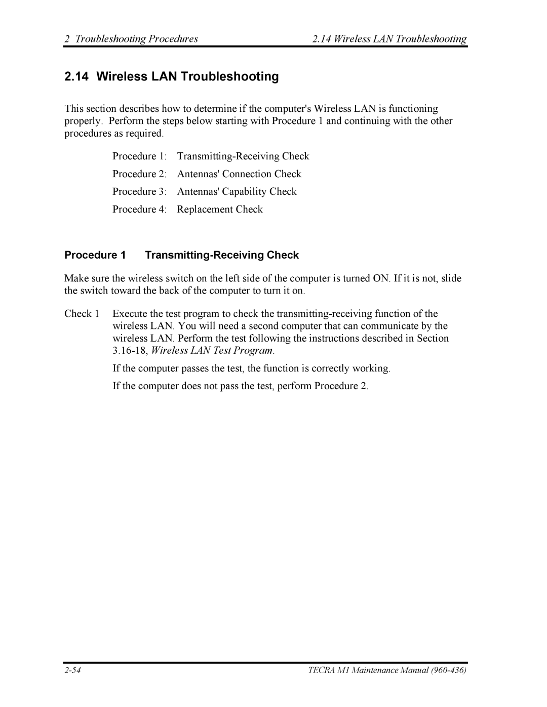 Toshiba tecra m1 manual Troubleshooting Procedures Wireless LAN Troubleshooting 