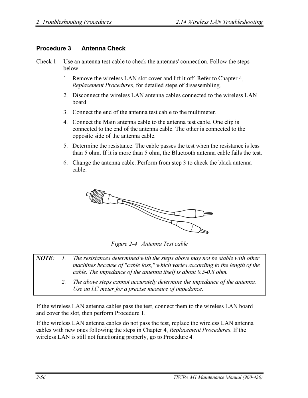 Toshiba tecra m1 manual Procedure 3 Antenna Check 