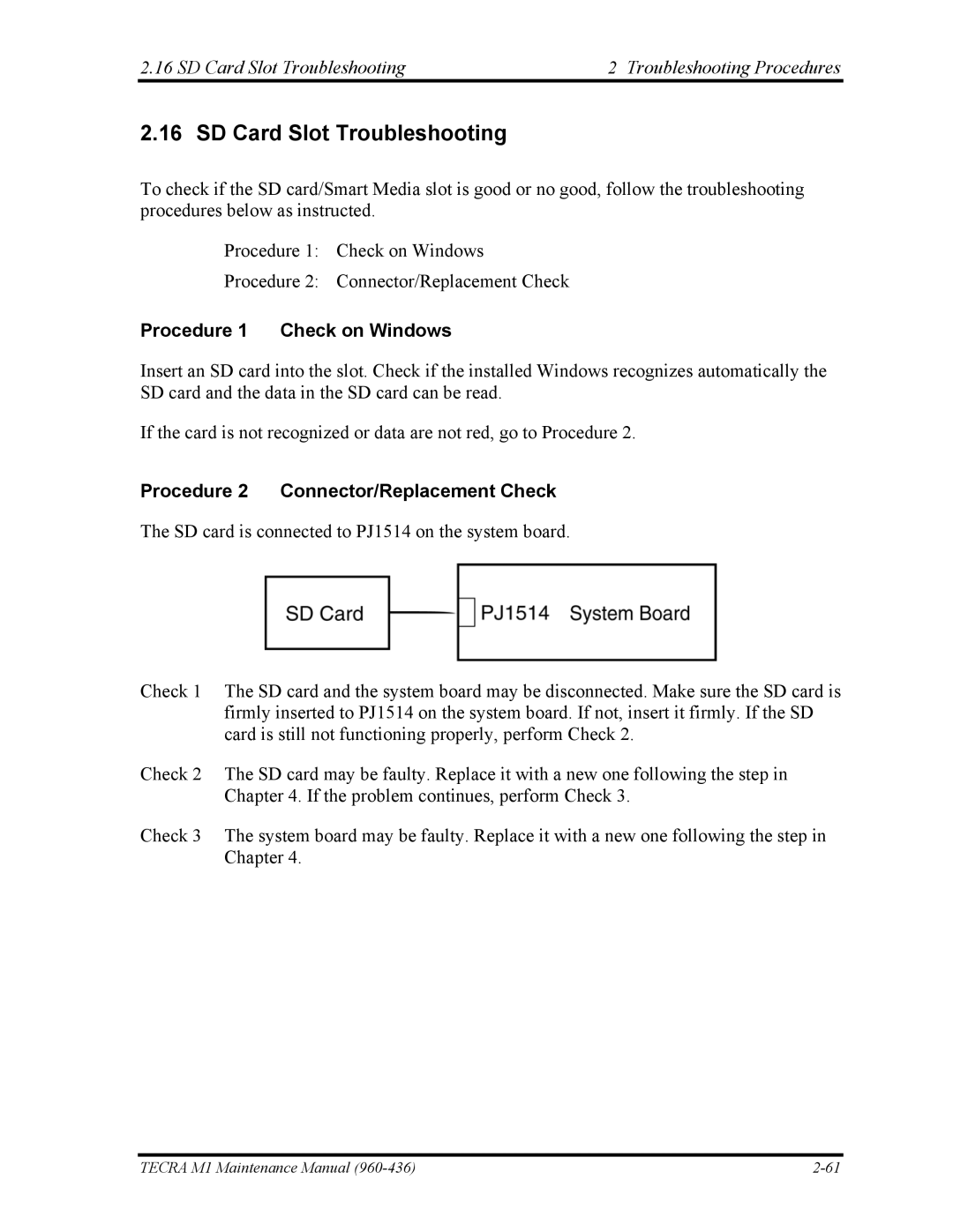 Toshiba tecra m1 manual SD Card Slot Troubleshooting Troubleshooting Procedures, Procedure 1 Check on Windows 