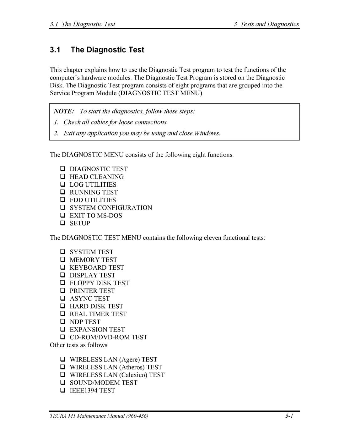 Toshiba tecra m1 manual Diagnostic Test Tests and Diagnostics 