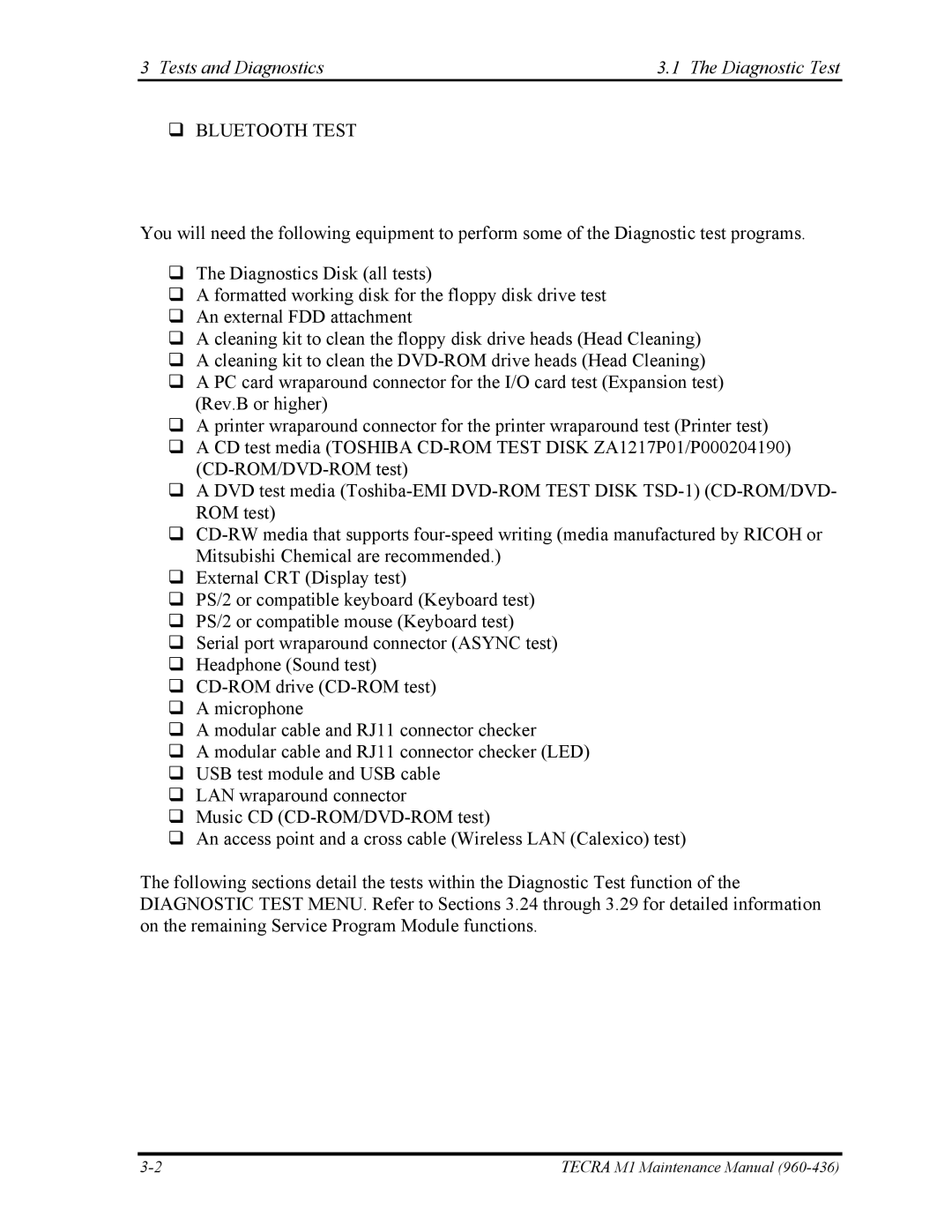 Toshiba tecra m1 manual Tests and Diagnostics Diagnostic Test, Bluetooth Test 