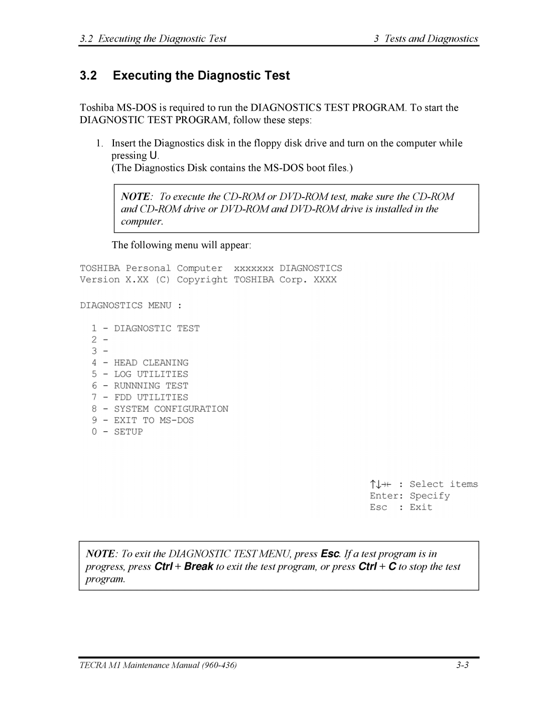 Toshiba tecra m1 manual Executing the Diagnostic Test Tests and Diagnostics 