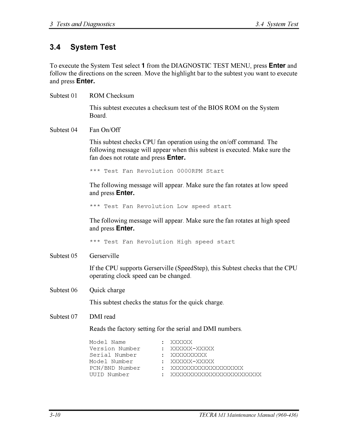 Toshiba tecra m1 manual Tests and Diagnostics System Test 