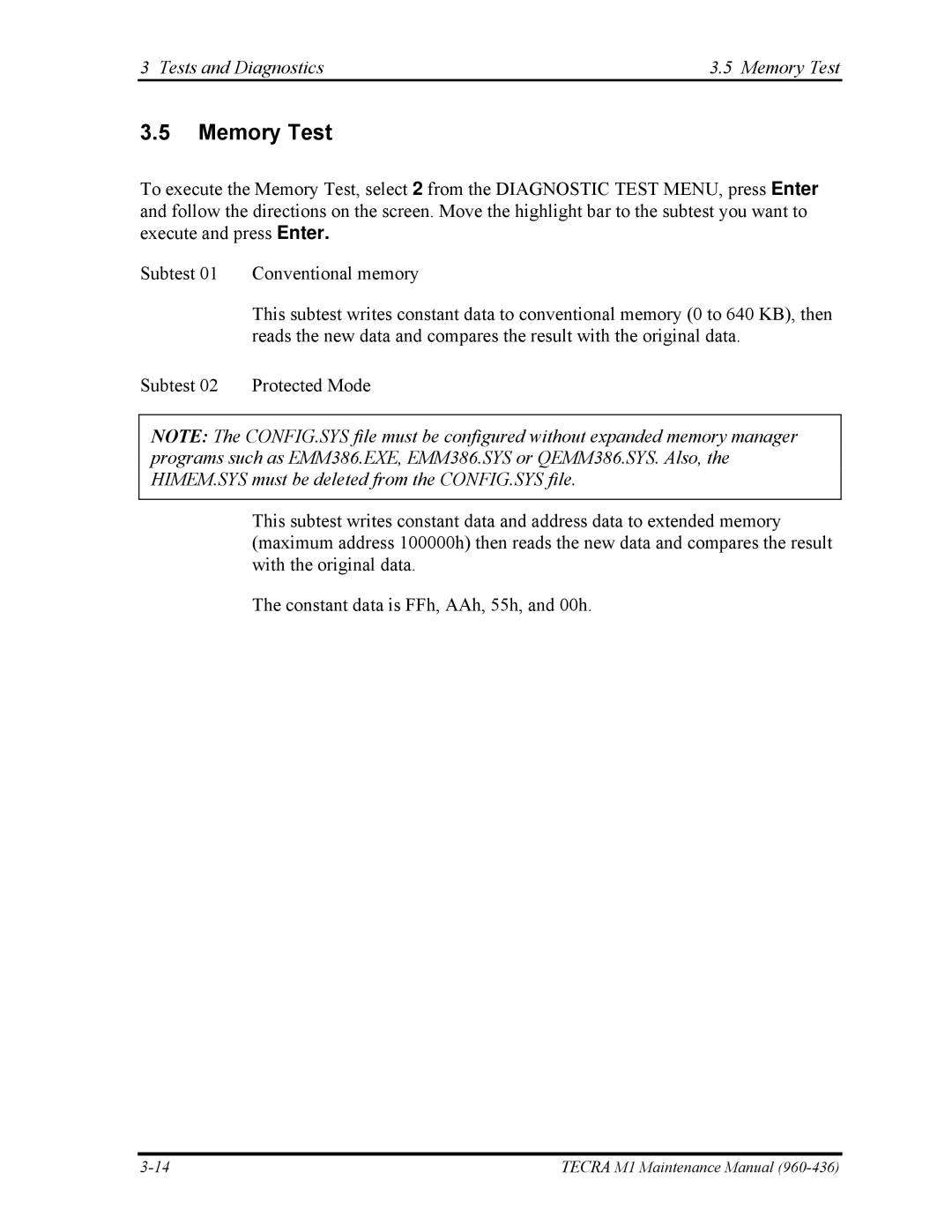 Toshiba tecra m1 manual Tests and Diagnostics Memory Test 