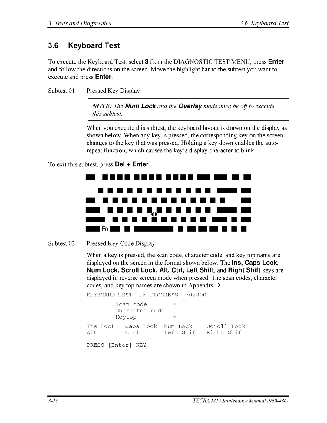 Toshiba tecra m1 manual Tests and Diagnostics Keyboard Test 