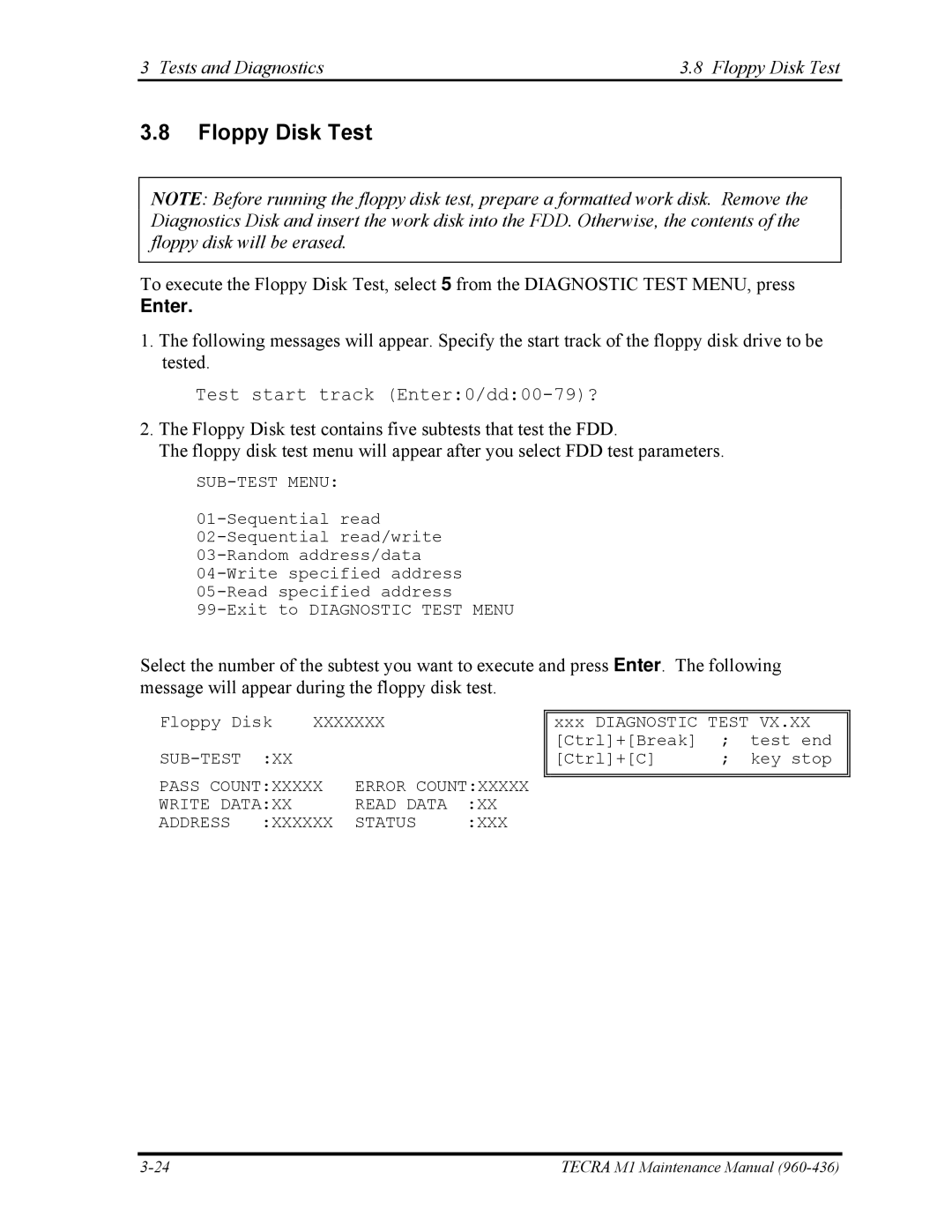 Toshiba tecra m1 manual Tests and Diagnostics Floppy Disk Test 