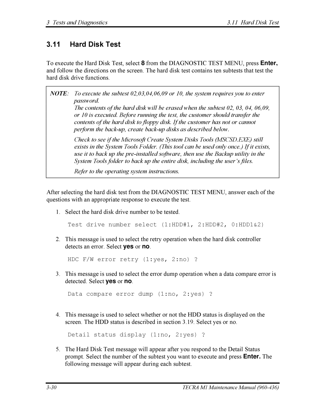 Toshiba tecra m1 manual Tests and Diagnostics Hard Disk Test 