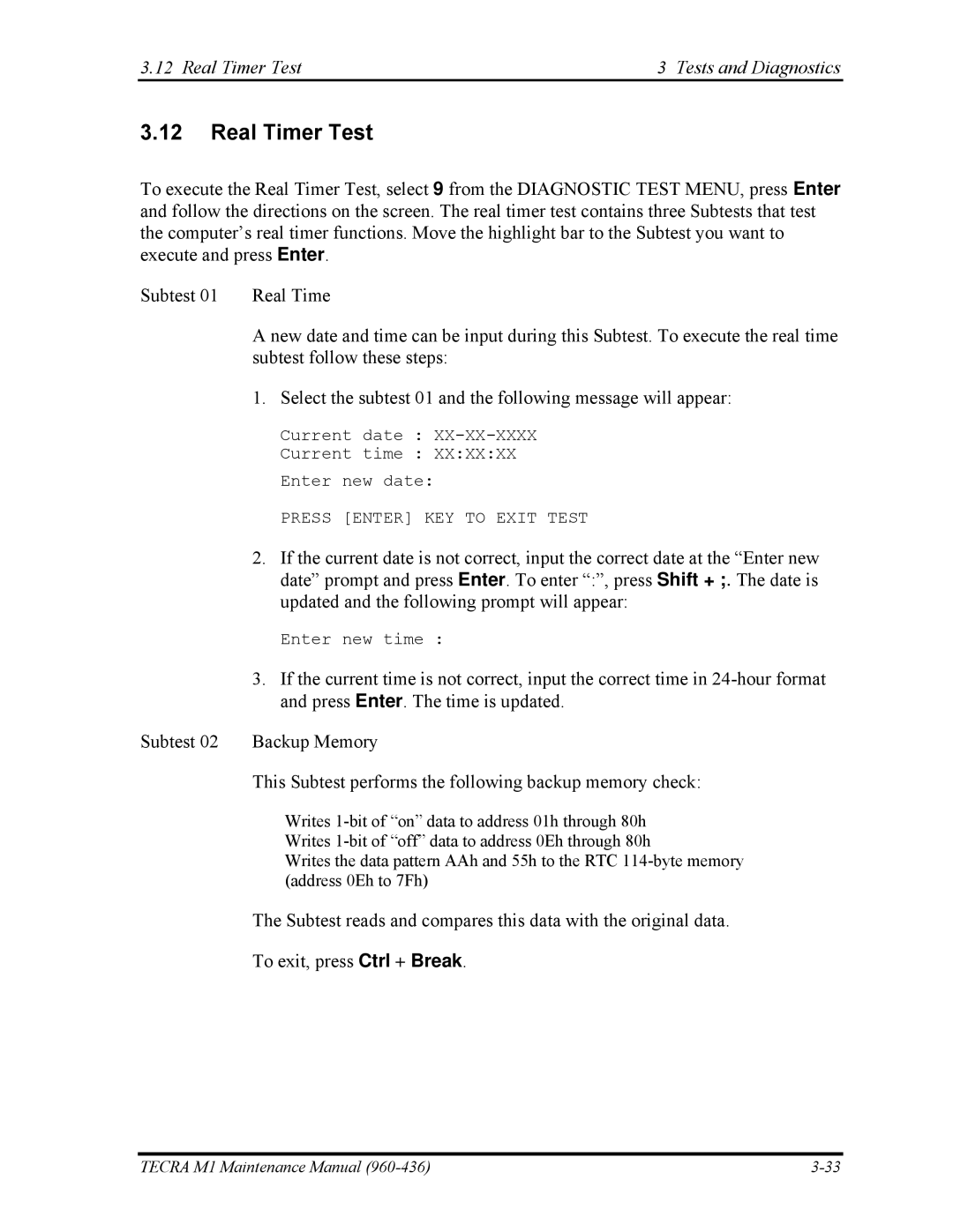 Toshiba tecra m1 manual Real Timer Test Tests and Diagnostics 