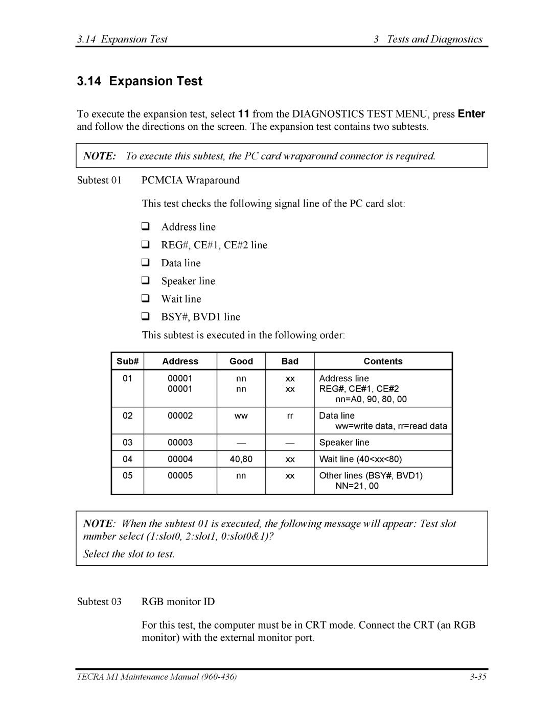 Toshiba tecra m1 manual Expansion Test Tests and Diagnostics, Select the slot to test, Sub# Address Good Bad Contents 