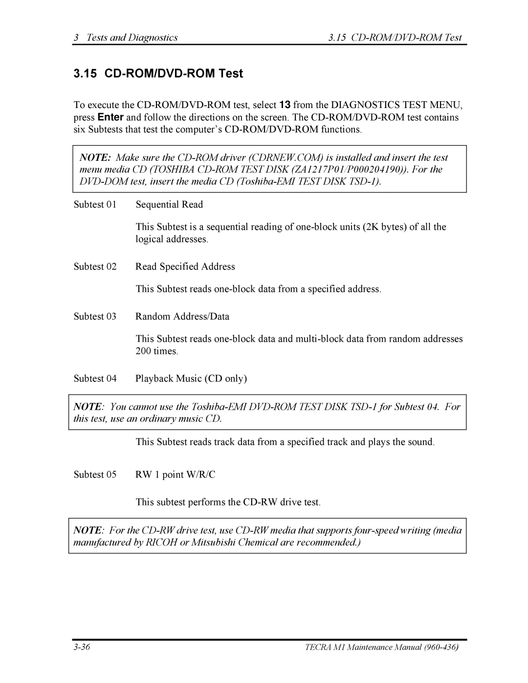 Toshiba tecra m1 manual Tests and Diagnostics CD-ROM/DVD-ROM Test 