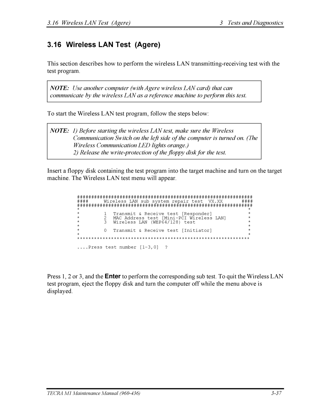 Toshiba tecra m1 manual Wireless LAN Test Agere Tests and Diagnostics 