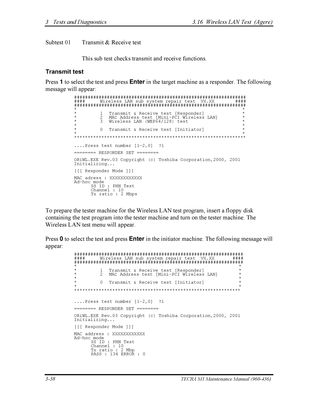 Toshiba tecra m1 manual Tests and Diagnostics Wireless LAN Test Agere, Transmit test 