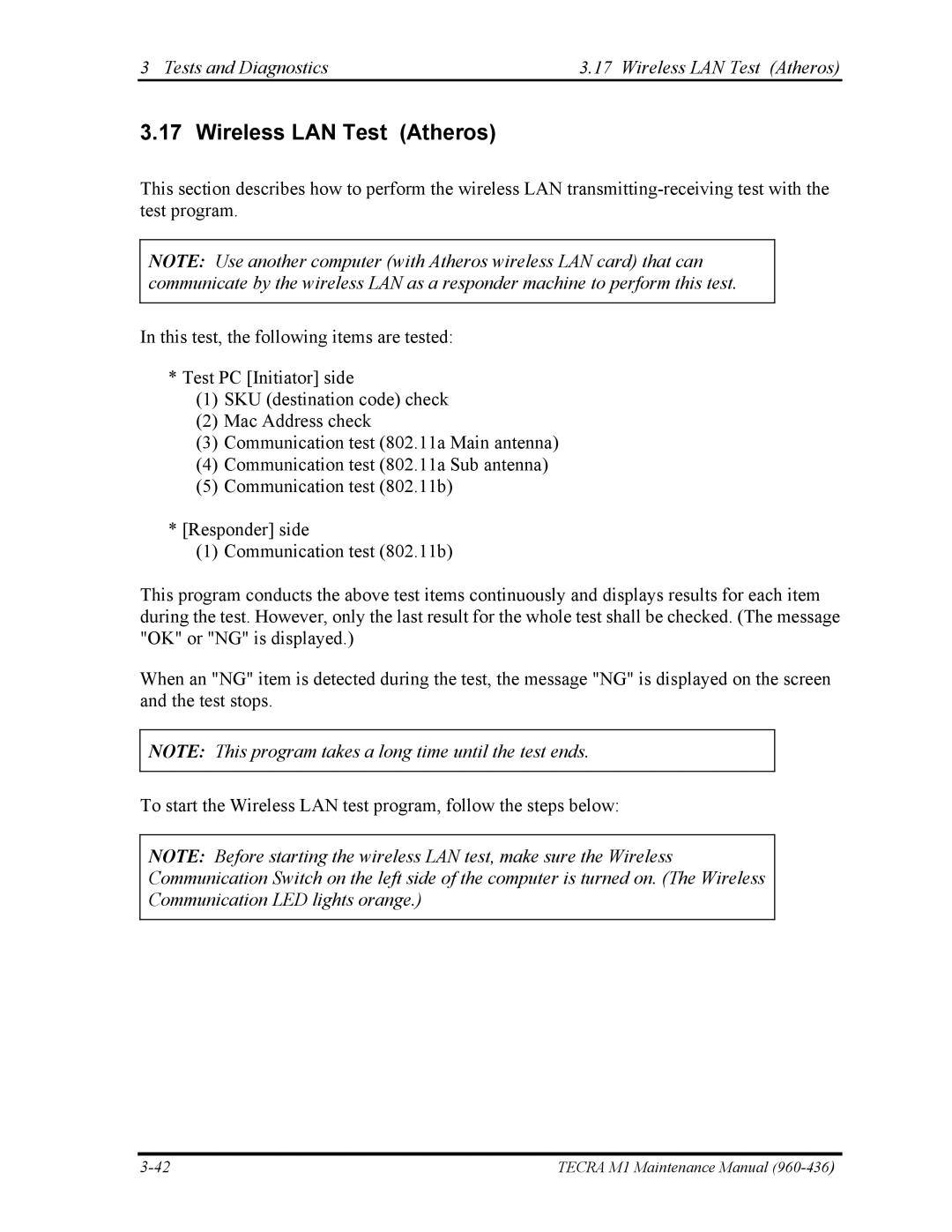 Toshiba tecra m1 manual Tests and Diagnostics Wireless LAN Test Atheros 