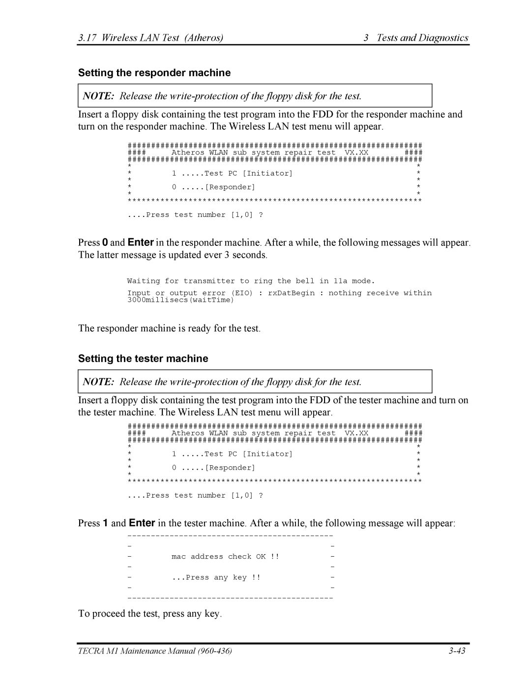 Toshiba tecra m1 manual Wireless LAN Test Atheros Tests and Diagnostics, Setting the responder machine 