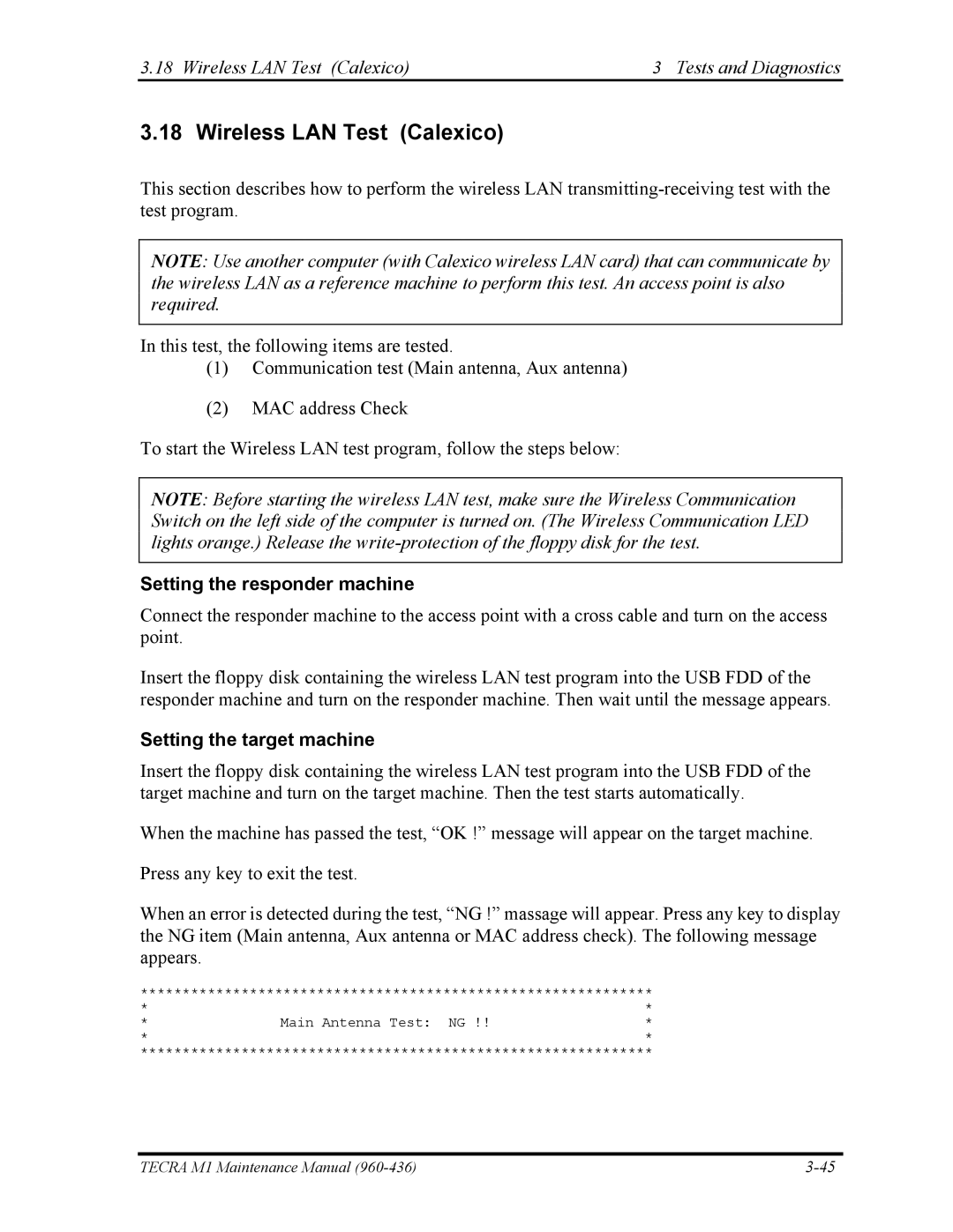 Toshiba tecra m1 manual Wireless LAN Test Calexico Tests and Diagnostics, Setting the target machine 