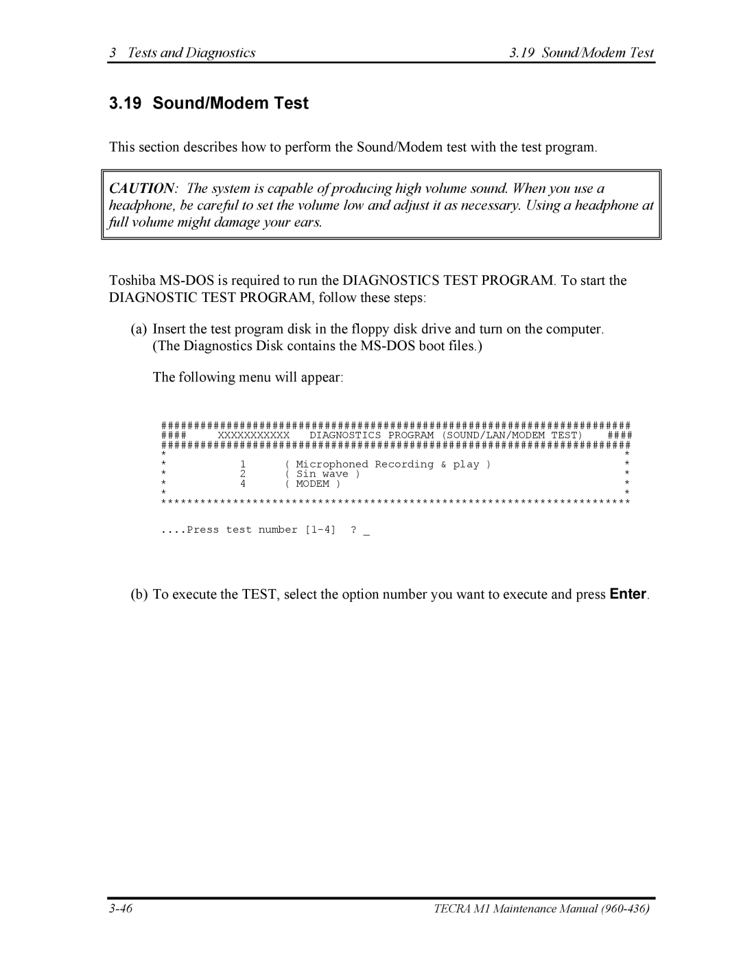 Toshiba tecra m1 manual Tests and Diagnostics Sound/Modem Test 