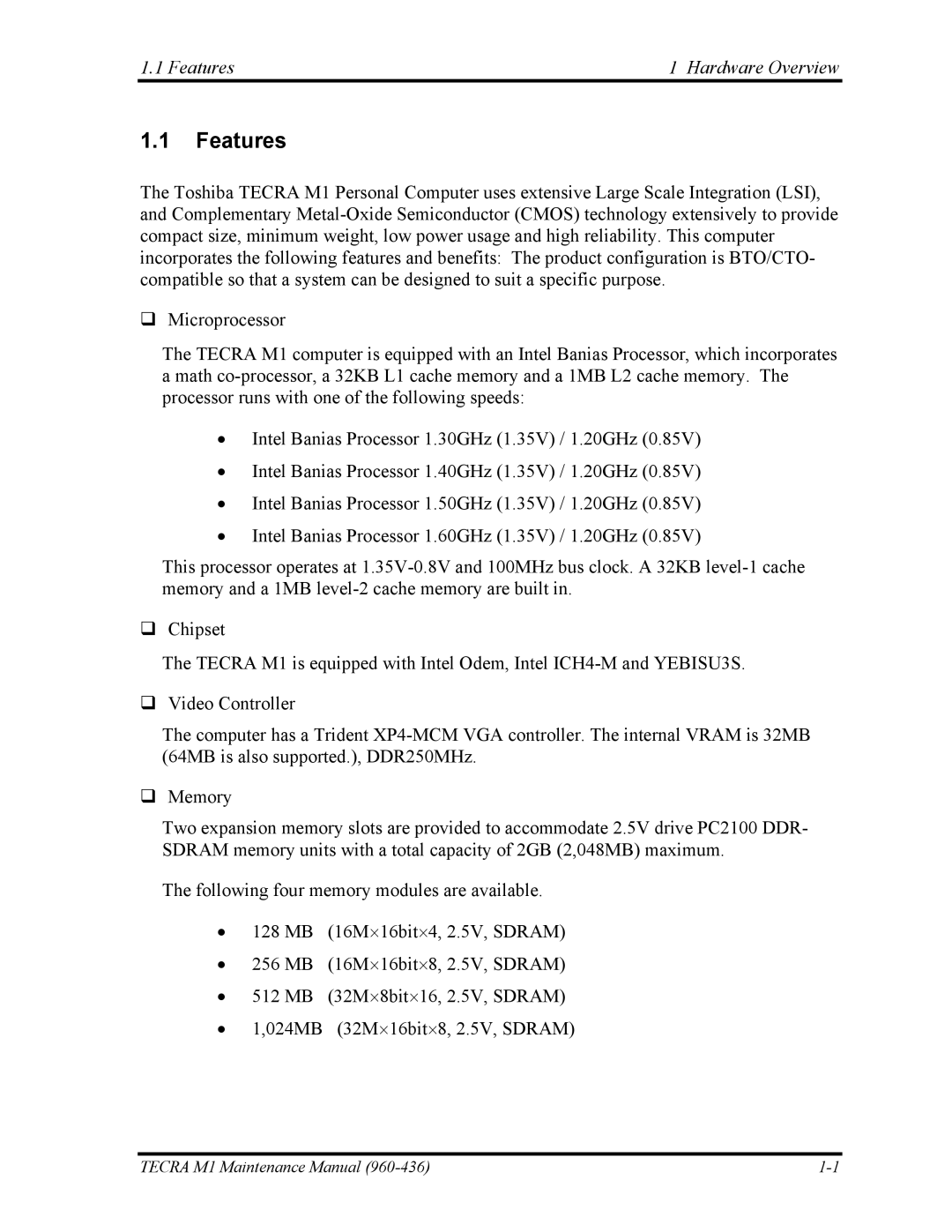 Toshiba tecra m1 manual Features Hardware Overview 