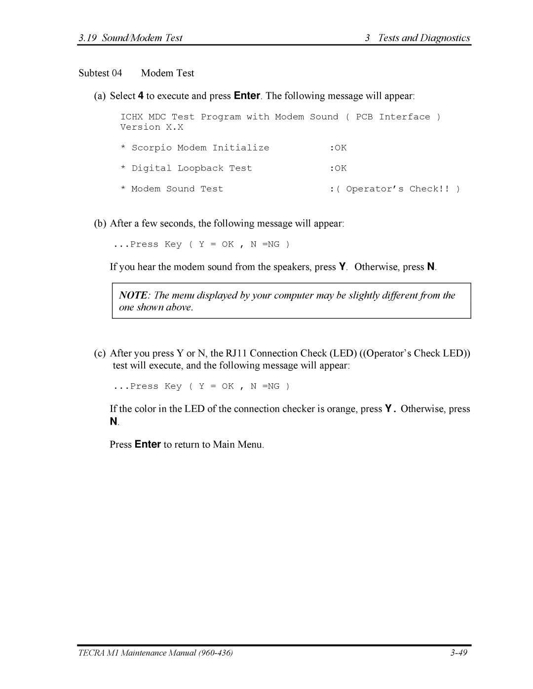 Toshiba tecra m1 manual Sound/Modem Test Tests and Diagnostics Subtest 