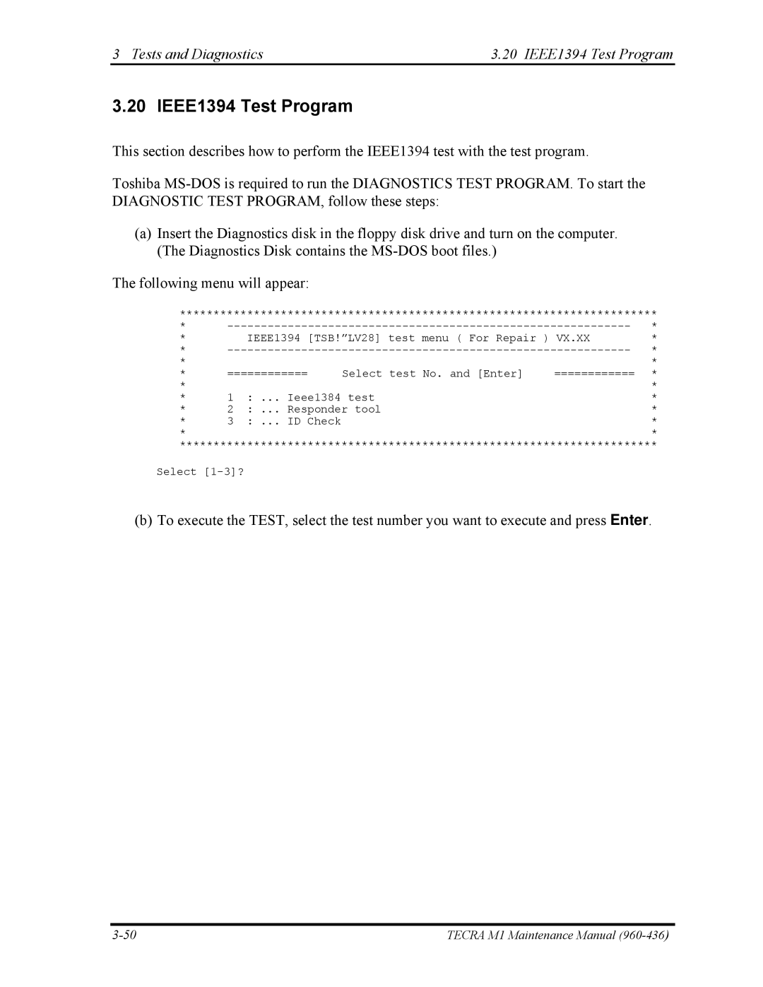 Toshiba tecra m1 manual Tests and Diagnostics IEEE1394 Test Program 