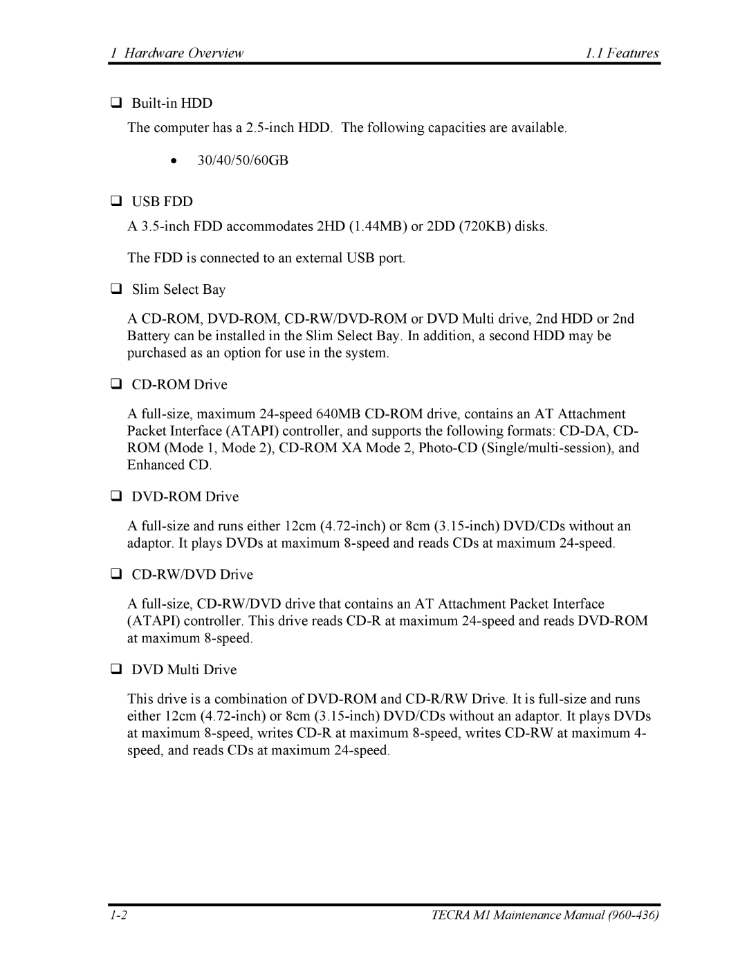 Toshiba tecra m1 manual Hardware Overview Features, Usb Fdd 