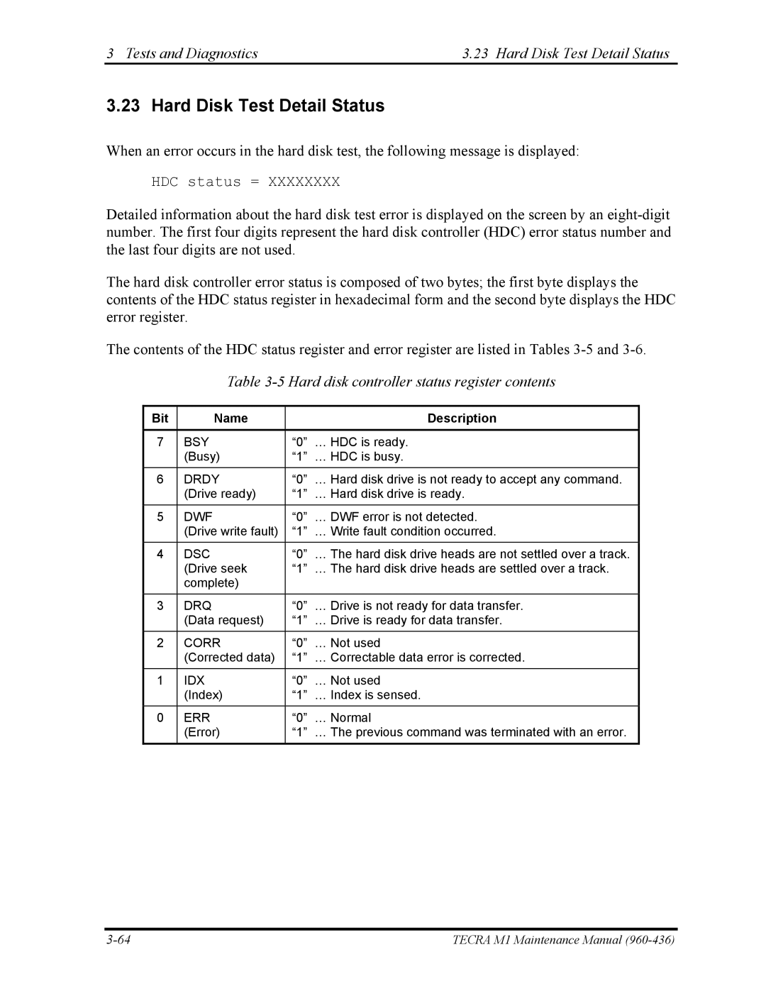 Toshiba tecra m1 Tests and Diagnostics Hard Disk Test Detail Status, Hard disk controller status register contents 