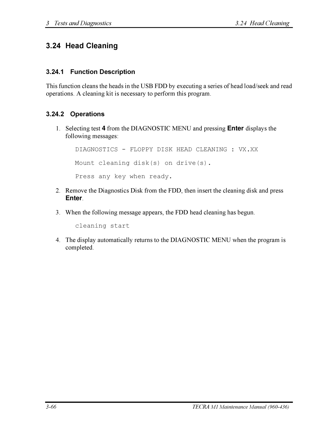 Toshiba tecra m1 manual Tests and Diagnostics Head Cleaning, Function Description, Operations 