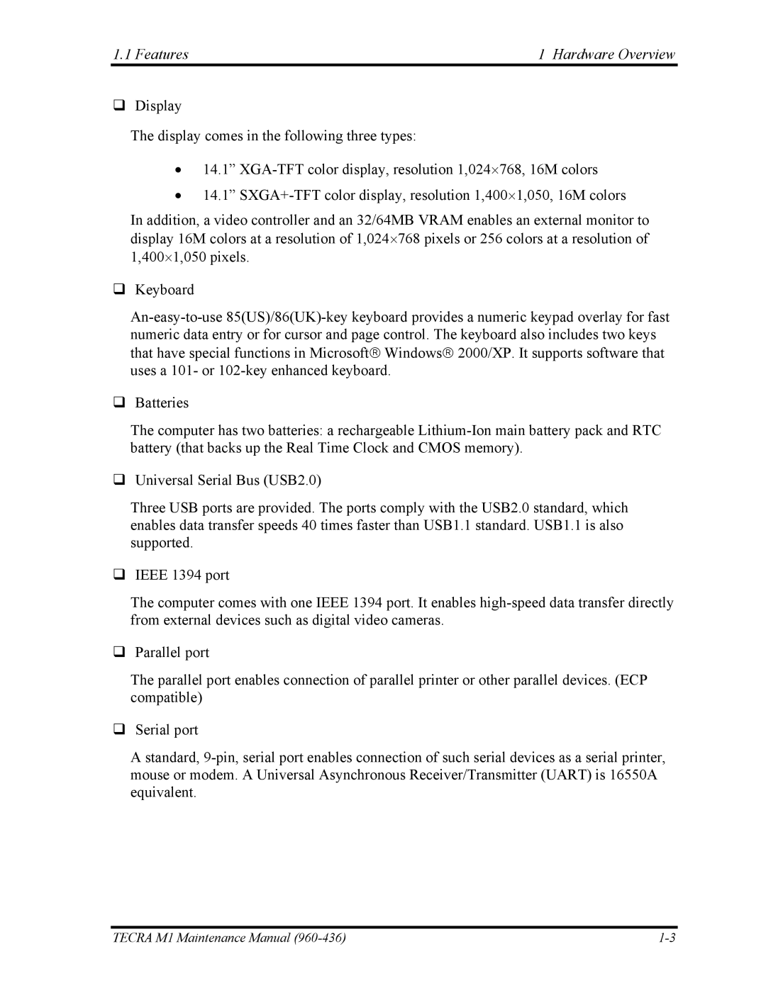 Toshiba tecra m1 manual Features Hardware Overview 