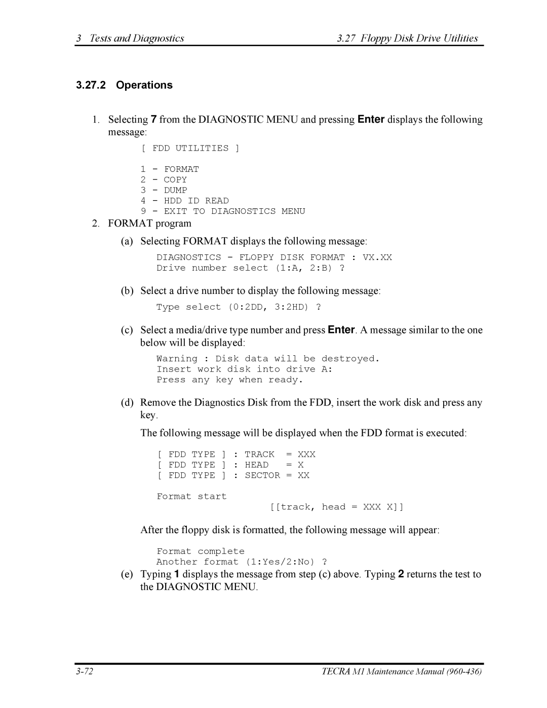 Toshiba tecra m1 manual Tests and Diagnostics Floppy Disk Drive Utilities, Operations 