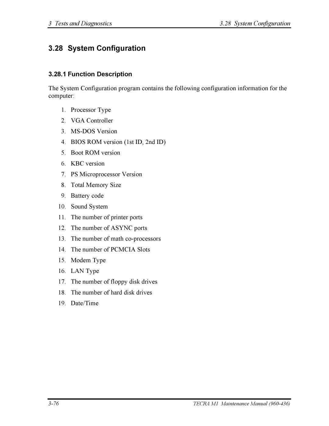 Toshiba tecra m1 manual Tests and Diagnostics System Configuration 