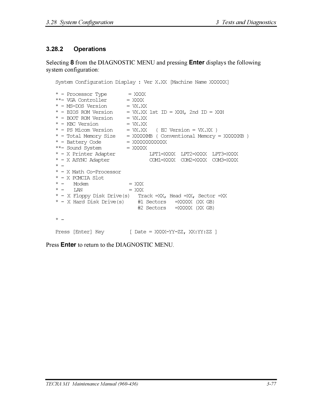 Toshiba tecra m1 manual System Configuration Tests and Diagnostics, Operations 