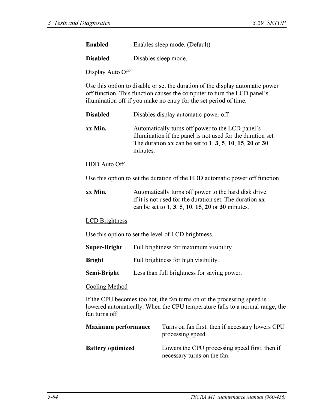 Toshiba tecra m1 manual Enables sleep mode. Default, Disables sleep mode 